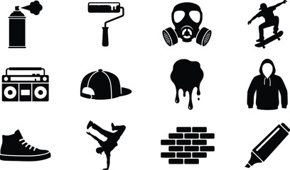 Fototapeta premium Urban Street Culture Silhouette Vector Icon Set, graffiti, skateboard, boombox, hoodie and hip hop design