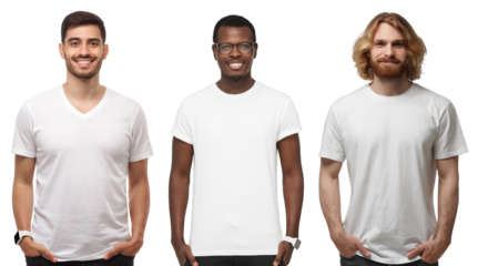 Mockup of white t-shirt man. Collage of men wearing blank t-shirts with copy space
