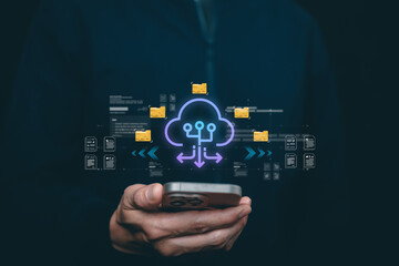 Digital cloud computing and data management concept with virtual cloud interface, file synchronization, online storage, information flow, and modern technology for business systems.
