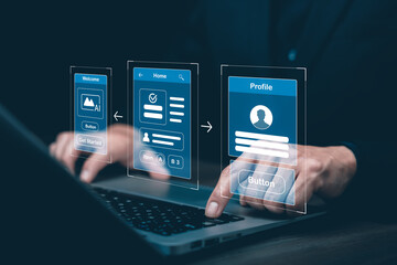 Digital mobile application UI UX design concept showing user interface screens, profile layout, navigation flow, interactive elements, and modern software development for digital products.