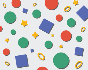 Colorful geometric shapes pattern background featuring vibrant circles squares stars rings design element for modern art projects playful designs creative backgrounds contemporary artwork seamless dig