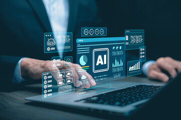 Digital artificial intelligence concept with AI dashboard interface, data analytics, automation system, performance monitoring, and modern technology supporting business intelligence and decision proc