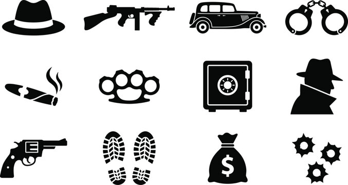 Gangster Crime and Mafia Silhouette Vector Icon Set, gun, car, handcuffs, money bag and noir detective icons
