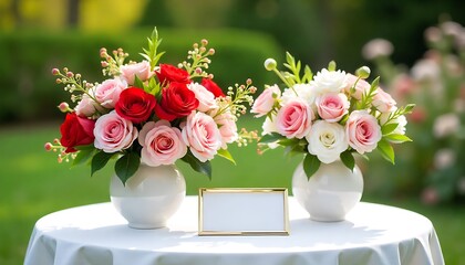 Elegant Floral Arrangement &ndash; White Ceramic Vases with Roses and Gold-Framed Nameplate in Garden Setting