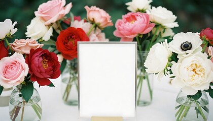 Elegant Floral Arrangement &ndash; White Ceramic Vases with Roses and Gold-Framed Nameplate in Garden Setting