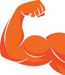 Strong orange arm flexing biceps muscle strength fitness power illustration graphic design for gym bodybuilding workout physical therapy health and wellness concept showing healthy lifestyle and deter