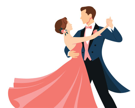 Elegant couple ballroom dancing in formal attire vector illustration romantic pose graceful dance partners performing waltz for wedding invitations anniversary celebrations love romance relationship c