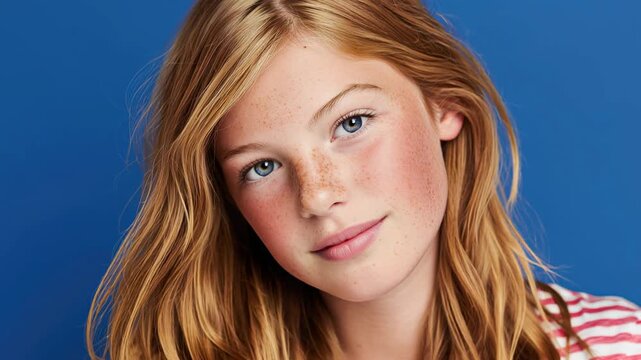 A young Caucasian girl with long, wavy red hair smiles softly. She wears a striped shirt and has a light complexion. The background is a solid blue color.