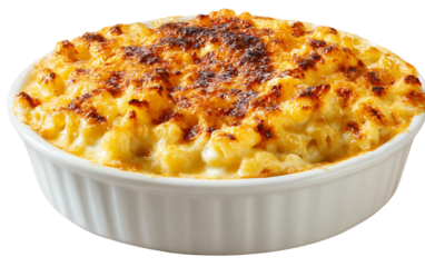 Traditional macaroni and cheese casserole with creamy texture and perfectly baked cheesy topping isolated on transparent background PNG