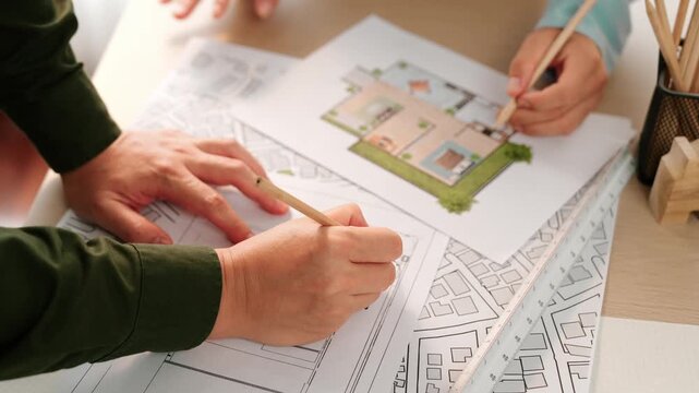Professional engineer team discussion about house design on meeting table with architectural equipment and building blueprint scatter around at modern office. Focus on hand. Closeup. Delineation.