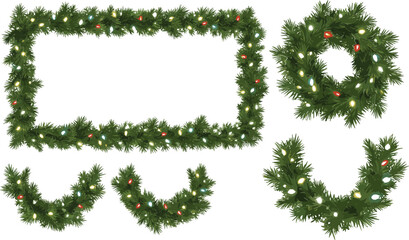 Christmas tree garland with colorful lights in various shapes green