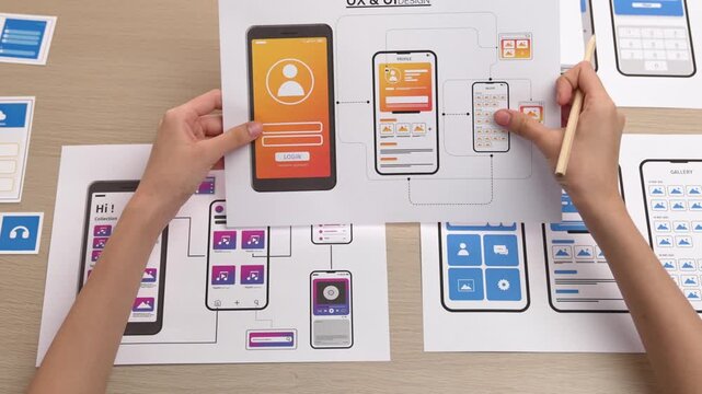 Startup company employee planning for user interface prototype for mobile application or website in office with model of program on desk. UX UI designer consider user friendly interface plan. Synergic