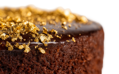 Luxurious chocolate cake topped with shimmering gold flakes and rich layers creating decadent dessert perfect for celebrations isolated on transparent background PNG