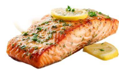 Oven baked salmon fillet served with lemon butter flavor for a healthy seafood meal isolated on transparent background PNG