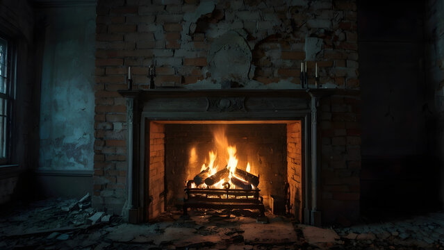 fireplace with burning logs - Powered by Adobe