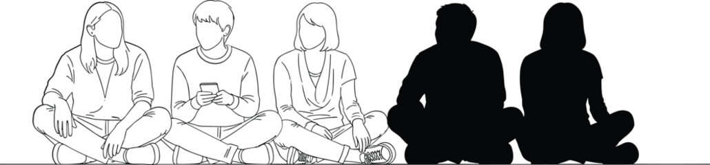 Line of people sitting in a row some in silhouette black and white silhouettes