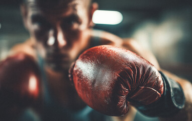 Vintage conceptual background of boxing sport. Close-up of boxing glove and defocused male athlete boxer on background