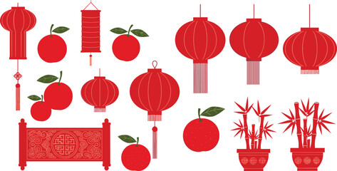 Red chinese lanterns and symbols with oranges and bamboo paper lanterns chinese symbols