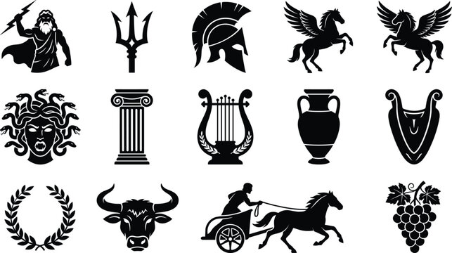 Ancient Greek Mythology Symbols Silhouette Vector Icon Set, gods, Medusa, Pegasus and classical culture design