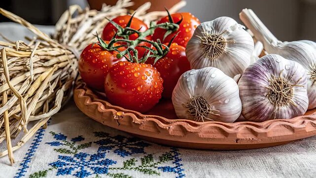 Freshly picked tomatoes and garlic bulbs on a rustic clay plate ready for cooking.