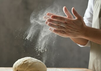 Male baker clapping flour from hands while preparing fresh dough on wooden table in rustic kitchen atmosphere