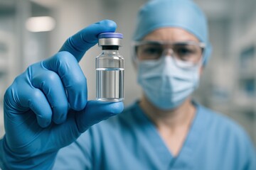 Adult doctor in protective mask and gloves holding medical vial with clear liquid in laboratory environment demonstrating sterile medical precision