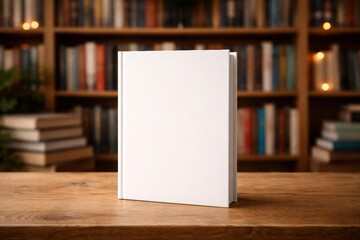 Blank white book mockup on wooden table in cozy library with blurred bookshelves, ideal for cover design, publishing, education, and literary concepts