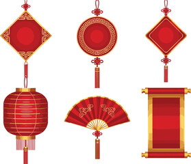 Red chinese new year decorations with gold accents red decorations lanterns fans