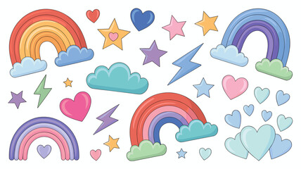 Colorful cartoon rainbow heart star and cloud illustration design for kids educational resources children book decorations nursery art prints greeting cards party invitations posters cute sky weather