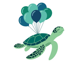 Cartoon sea turtle holding bunch of colorful balloons floating in the sky cheerful marine animal character illustration for children's birthday party invitation card design cute ocean life graphic res