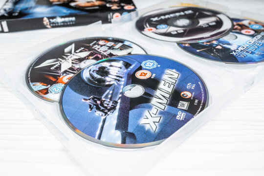Lviv,Ukraine-08.01.2026: A  set of dvd discs in box with a popular movie X-man.