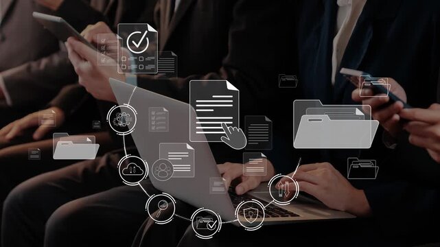 Business professionals utilize modern devices to enhance digital document management, showcasing the importance of productivity and collaboration in a contemporary workspace. Raster