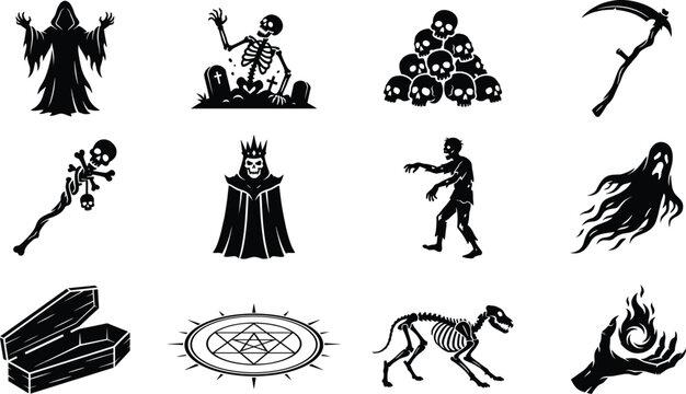 Undead Horror and Dark Magic Silhouette Vector Icon Set, grim reaper, zombie, ghost, coffin and gothic Halloween design
