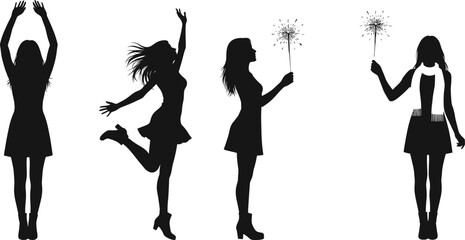 Silhouettes of women celebrating with sparklers on white background black