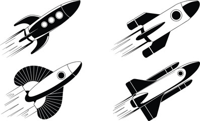 Modern black and white rocket ship spaceship launching flying in space travel cartoon illustration set for technology startup company futuristic innovation and creative project in transportation and s