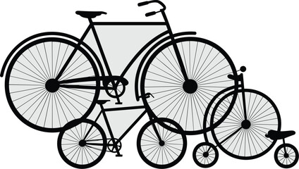 Abstract assortment of bicycle silhouettes transportation and recreation concept vector illustration showing various bike shapes and sizes for cycling enthusiasts and graphic design projects fitness a