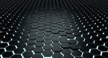 A technological floor consisting of black hexagonal panels with blue light shining from below. A futuristic, three-dimensional texture of data and technology.