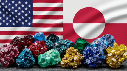 US and Greenland flags behind colorful mineral crystals on display