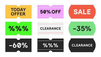 Sale Tags and Discount Labels Set With Bright Colors and Bold Typography on White Background