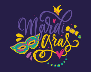 Mardi Gras Celebration Illustration With Masquerade Mask Beads Crown and Decorative Script on Dark Background