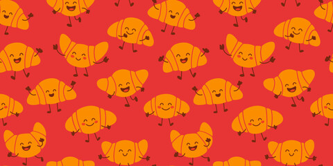 Croissant Seamless Pattern With Cute Smiling Pastry Characters on Red Background