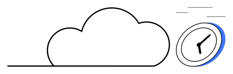 Fototapeta premium Cloud services, time optimization, digital technology, scheduling, data transfer, workflow efficiency. Minimalist cloud line art and a clock in motion. s cloud services and time optimization