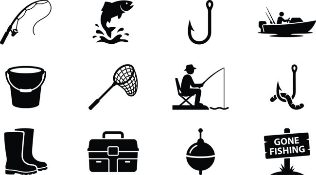 Fishing equipment silhouette icon set, angling sport vector collection with rod, hook, boat, bucket, net, fisherman and gone fishing sign for outdoor adventure design