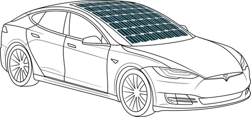 Modern electric car with solar panel roof charging battery power sustainable vehicle innovative energy technology clean transportation alternative fuel source renewable resource line art illustration