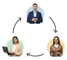 Business workflow cycle showing three diverse professionals connected by arrows using digital devices