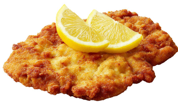 Gourmet breaded chicken schnitzel featuring golden crust and zesty lemon garnish isolated on transparent background PNG