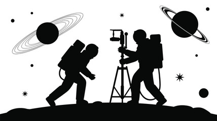 Astronauts exploring space with camera equipment on lunar surface silhouette illustration space exploration concept scientific discovery in cosmos astronomy research for educational materials and pres