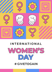 International Women's Day 2026 campaign #Givetogain. A geometric poster Give to Gain feminism holiday.Creative concept vector illustration open palms, hands giving a gesture , flowers, female symbols.