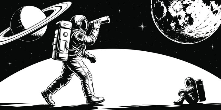 Astronauts exploring distant planet with telescope in monochrome outer space landscape with stars and planets space exploration concept for science fiction adventures and cosmic discovery for educatio