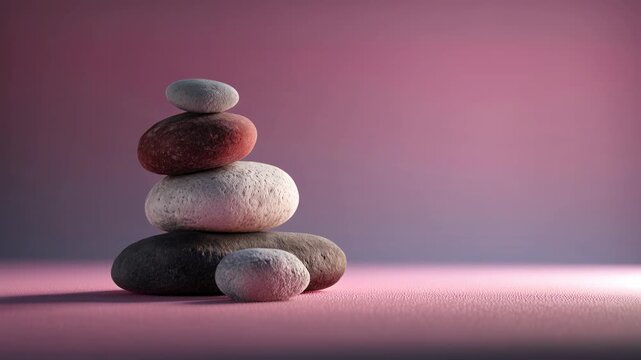 A stack of smooth, rounded stones in various colors, including gray, white, and red, arranged on a soft pink surface with a gradient background.